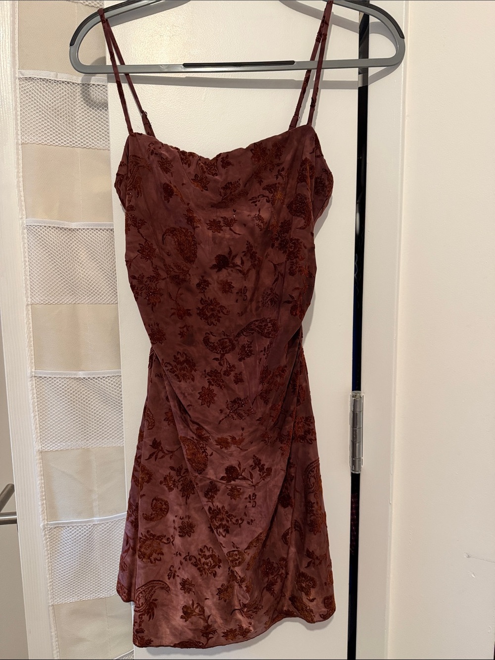 Bershka Burgundy Floral Burnout Velvet Slip Mini Dress